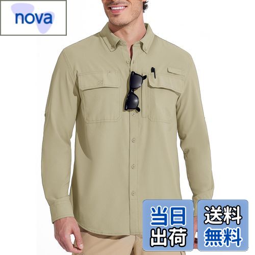 【送料無料】[MAGCOMSEN] ミリタリーシャツ メンズ 長袖シャツ 登山 釣り UVカット 吸汗速乾 作業着 薄手 撥水 通気 アウトドア カジュアル 春秋 色：ライトカーキ、サイズ：XL