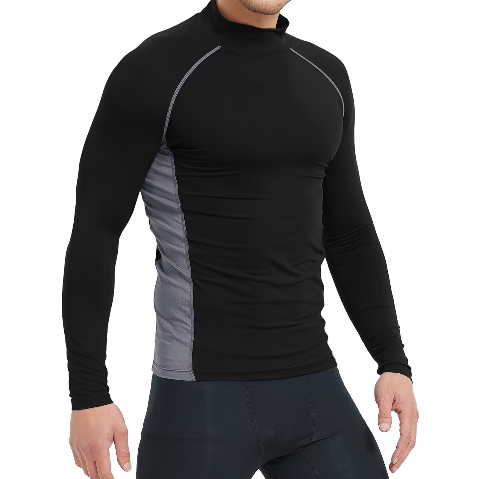 【送料無料】[Rovidorx] コンプレッショントップス メンズ 長袖 ハイネック 加圧シャツ アンダーシャツ コンプレッション インナー スポーツ 冷感 コンプレッションウェア アンダーウェア 野球 メッシュ 吸汗速乾 色：ブラック/グレー、サイズ：L