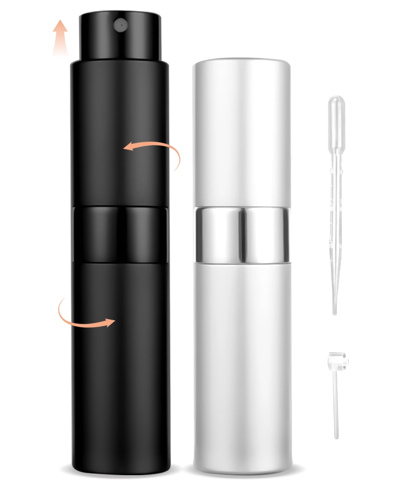 【送料無料】UULANFA 香水アトマイザー【360°回転・8ml・携帯用アトマイザー】詰め替え簡単 防漏 持ち運び便利 コンパクトデザイン 香水容器 分けボトル 旅行 デート 仕事 男女兼用 香水瓶対応 スポイトとプッシュノズル付き (回転ブラック+シルバー)