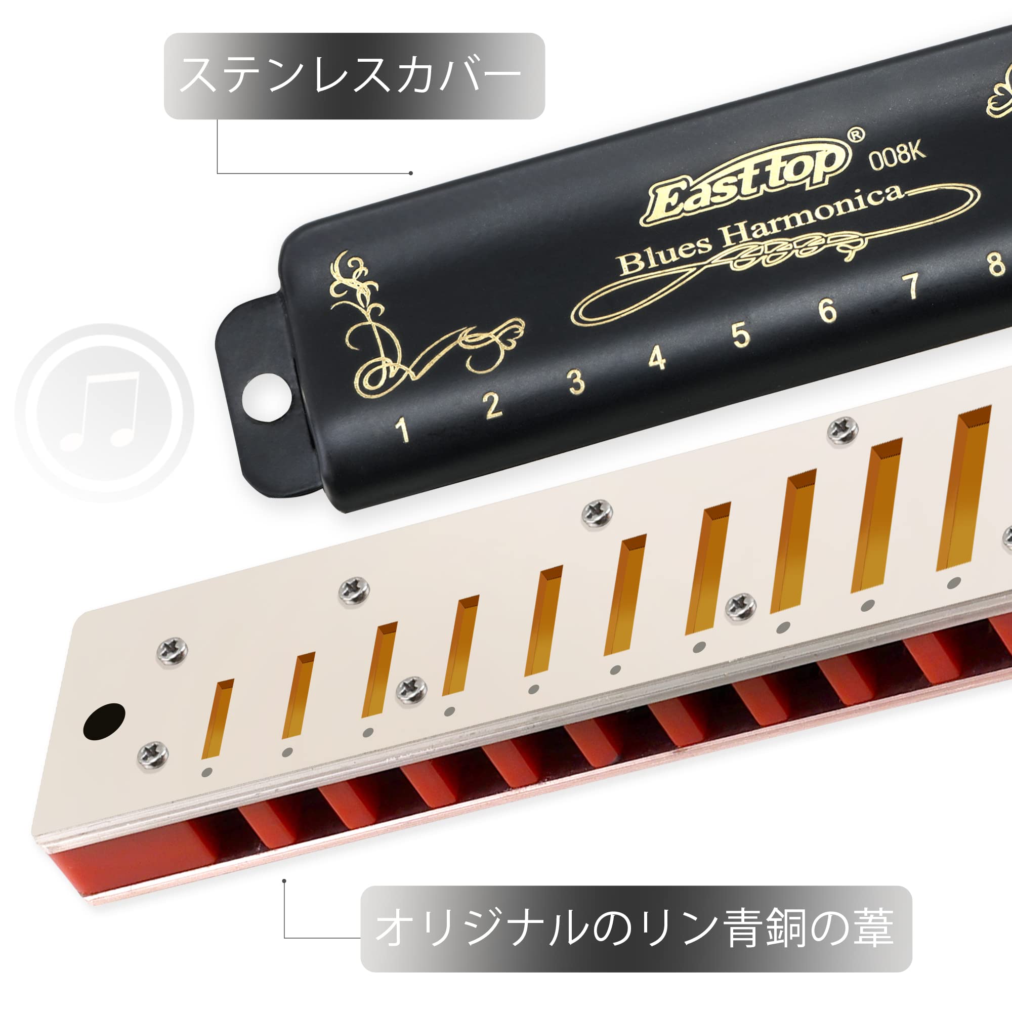 novaの【送料無料】East top ブルースハーモニカ 10穴 G調 10ホール20トーン 真鍮カバー キャンバスケース 清潔布 専門家 ダイアトニック(T008K-BK-G-gm)｜アングル3