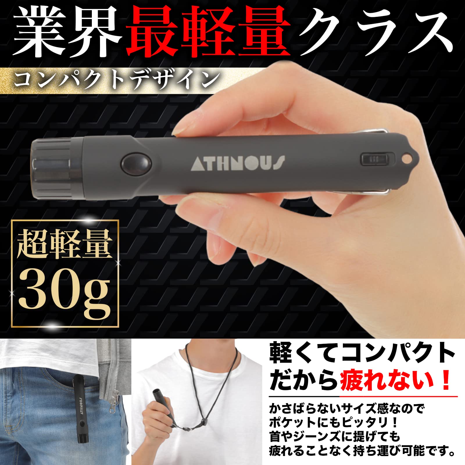 novaの【送料無料】ATHNOUS(アスナス) 電子ホイッスル 防水 防災 防犯 熊除け 超軽量 大音量 コンパクトデザイン 害獣除け 審判 登山 キャンプ LEDライト付き 2回分の電池付属 ネックストラップ付属 (ブラック)｜アングル3