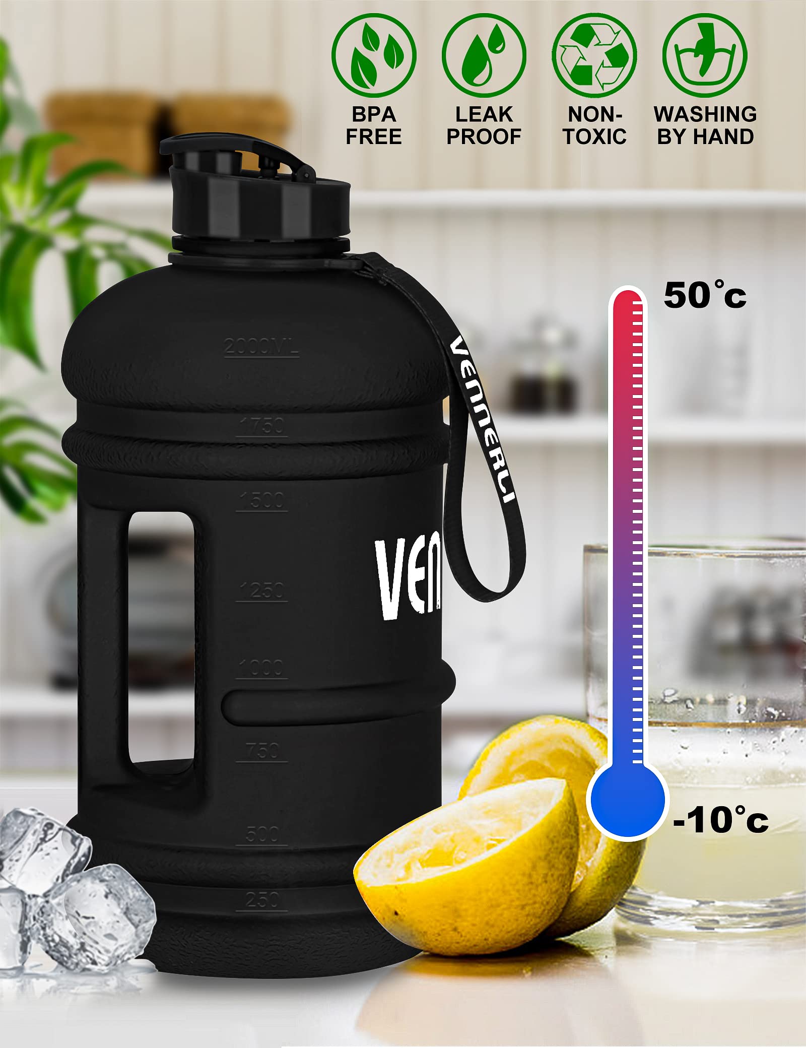 【送料無料】VENNERLI ハーフガロン 水筒 2.2L ラージ スポーツ用 ウォーターボトル ハンドル付き 74オンス ビスフェノール-A不使用 繰り返し利用可能 プラスチック製 水差し 漏れ防止 水分補給用ボトル ジム/ヨガ/旅行/キャンプ/サイクリング/アウトドアスポーツ用 nova2021-10216633 nova サンプル画像2