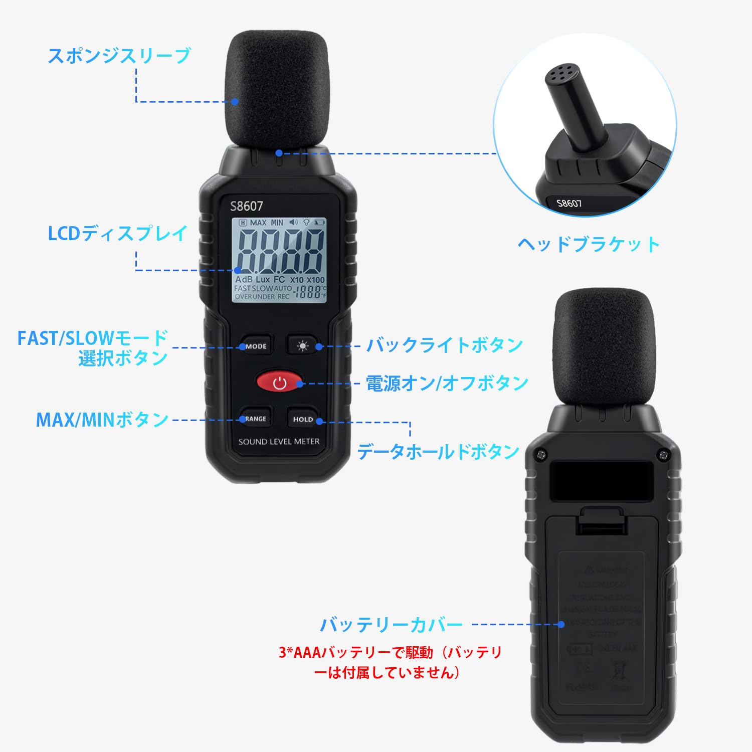novaの【送料無料】Mcbazel デジタル騒音計 小型 音量計測器 低周波音測定器 測定範囲30~130dB 周波数応答31.5Hz~8KHz 工場、作業場、学校、住宅地、オフィス 日本語取り扱い説明書付き-ブラック｜アングル3