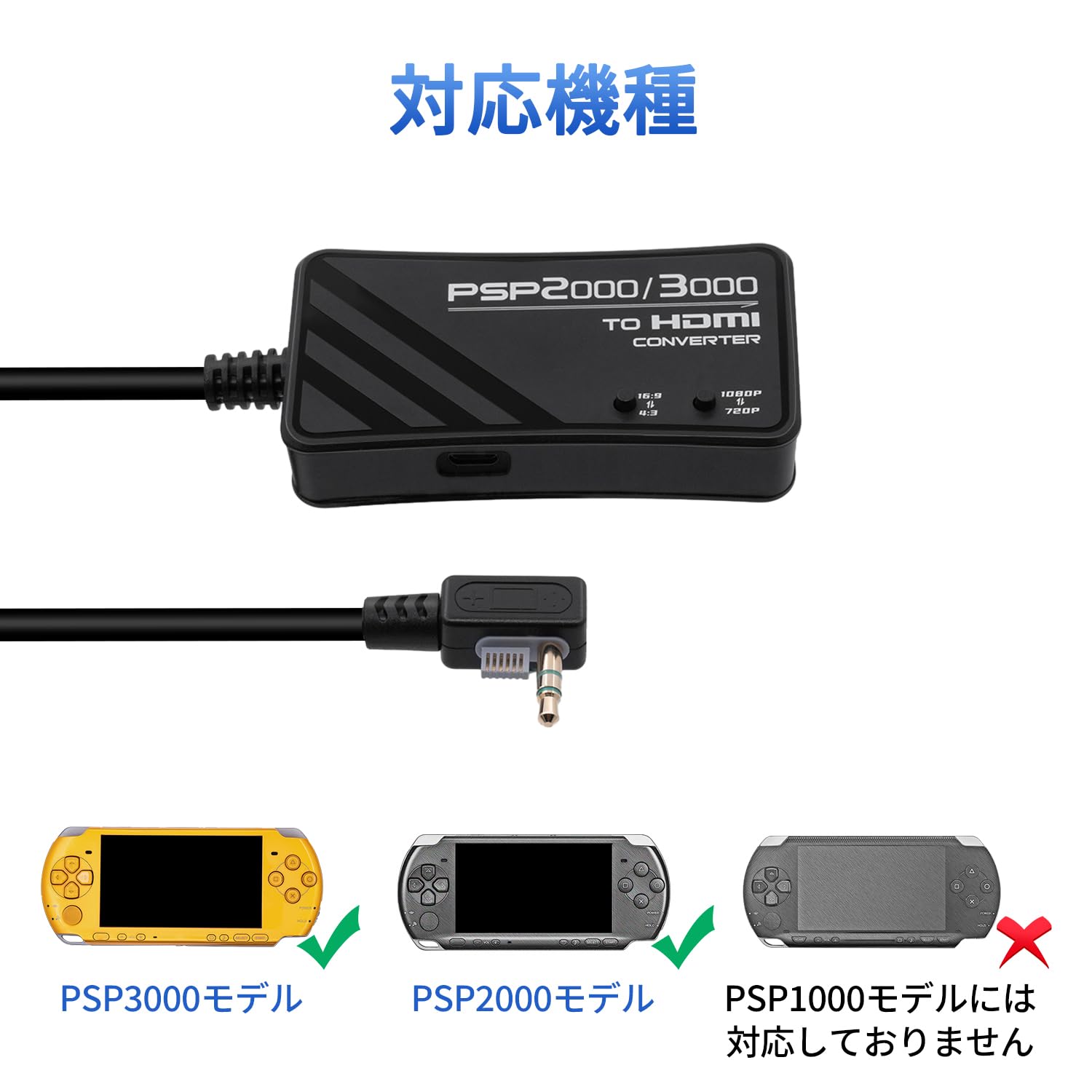 novaの【送料無料】Mcbazel PSP用 HDMIコンバーター(3M長さ) 2000/3000モデル対応 チップアップグレード版 HDTVからHDMI変換アダプター 解像度720p/1080p変換可能 アスペクト比切り替えスイッチ内蔵 4:3から16:9変換可能 -ブラック｜アングル3