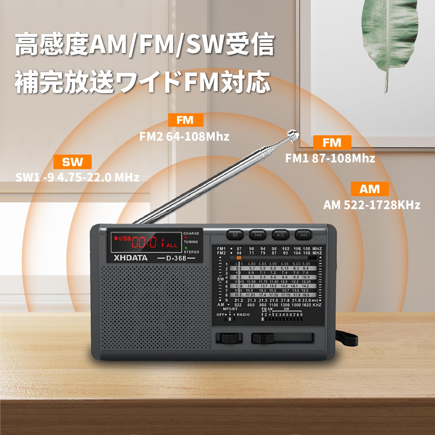 【送料無料】XHDATA D368 FM/AM/SW/ワイドFM対応 高感度受信 小型 ポータブルラジオ 防災ラジオ 短波ラジオ DSP ステレオ 電池式 Type-C充電式 MP3プレーヤー ワイヤレス TFカード/USB対応 日本語説明書付き nova2021-10220873 nova サンプル画像2