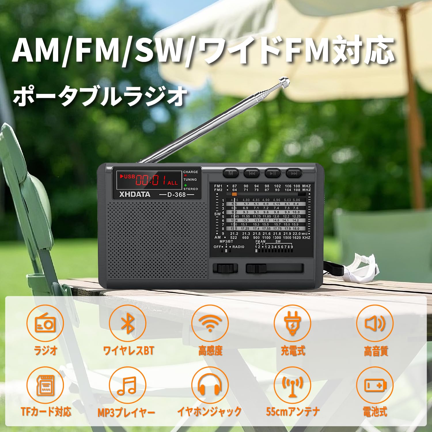 【送料無料】XHDATA D368 FM/AM/SW/ワイドFM対応 高感度受信 小型 ポータブルラジオ 防災ラジオ 短波ラジオ DSP ステレオ 電池式 Type-C充電式 MP3プレーヤー ワイヤレス TFカード/USB対応 日本語説明書付き nova2021-10220873 nova サンプル画像3