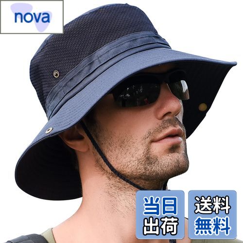 【送料無料】[KELEVO] サファリハット メンズ【メッシュ通気構造 折り畳み UVカット】帽子 日焼け 速乾性 軽量 防風 つば広 ひも付き 釣り 登山 ハイキング ゴルフ スポーツ ハット (＃02.ネイビー)