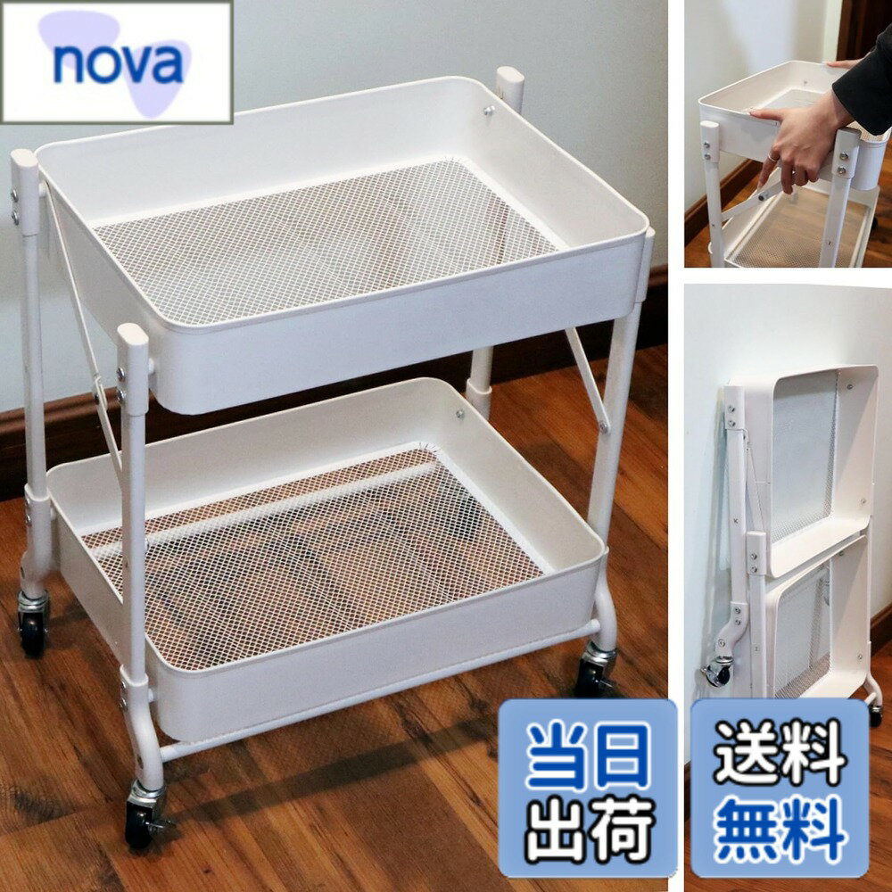 【送料無料】Secchuu キッチンワゴン 折り畳み 2段タイプ 耐荷重40KG 幅46cmx奥行30cmx高さ51cm シンプルさ 収納ワゴン スチール製ボデイ キャスター付き スムース移動 吊り下げカップとフック小物収納 組立商品 (ホワイト, 折畳2段)