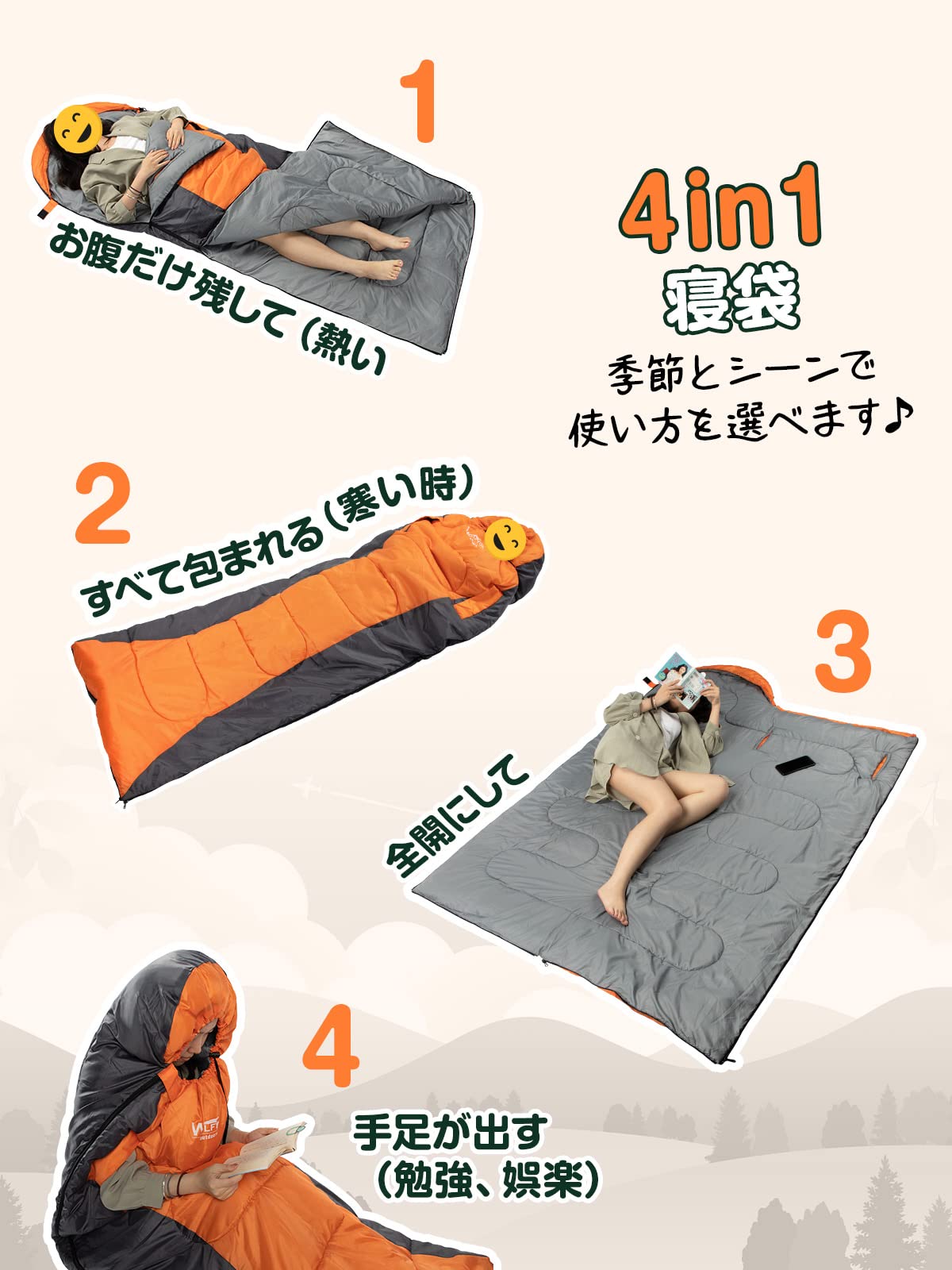 【送料無料】寝袋 オールシーズン【手足伸ばし可能・230T防水】4in1多機能 1.4Kg 1.1Kg 1.8Kg 2.2Kg シュラフ 夏用 寝袋 冬用 封筒型 コンパクト 軽量 中綿 快適温度-5度-20度 保温 wolfyok outdoors 丸洗い可能 収納パック付 nova2021-10229994 nova サンプル画像3