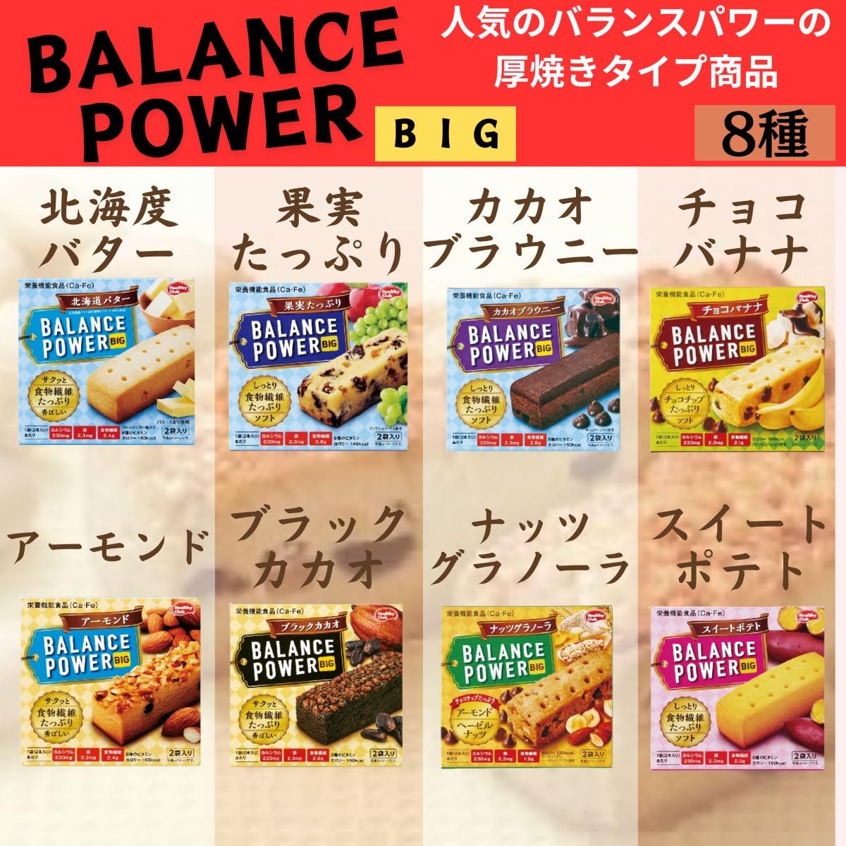 【送料無料】バランスパワー ビッグ ハマダコンフェクト (8種x各2箱:計64本)【 北海道バター 果実たっぷり カカオブラウニー チョコバナナ アーモンド ほろにがカカオ ナッツグラノーラ スイートポテト 】 +CONSAVIDA秘境の紅塩 栄養機能食品 非常食 備蓄 防災 朝食 時 nova2021-10216025 nova サンプル画像2