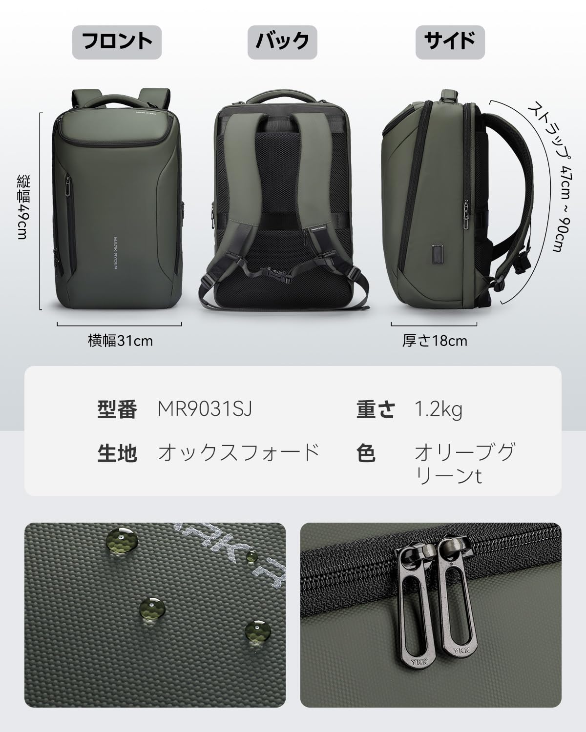 【送料無料】[MARK RYDEN] 旅行リュック 30L大容量 バックパック 旅行バッグ カバン リュックサック メンズ ビジネスリュック 盗難防止 17型PC対応 撥水加工 通学 通勤 仕事用 トラベル 出張 グリーン nova2021-10253578 nova サンプル画像3