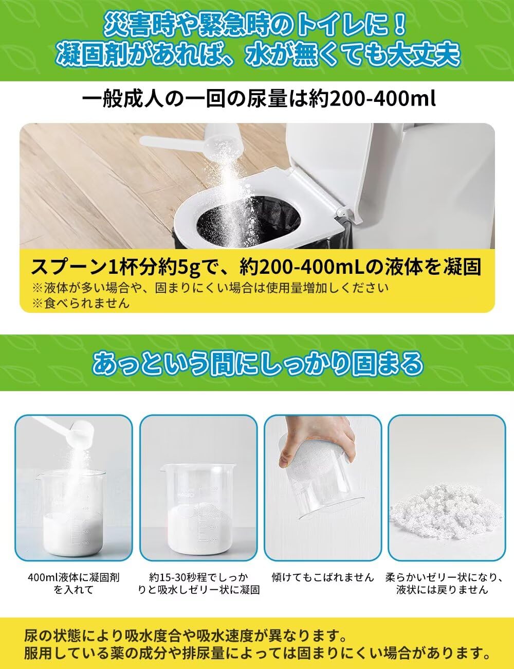 【送料無料】コフコライフ工房 160回分 800g 凝固剤 高吸水性ポリマー 簡易トイレ 非常用 液体を固めて 高吸水性樹脂 抗菌 消臭 災害対策・防災グッズ 防災備蓄 介護 アウトドア nova2021-10238320 nova サンプル画像2