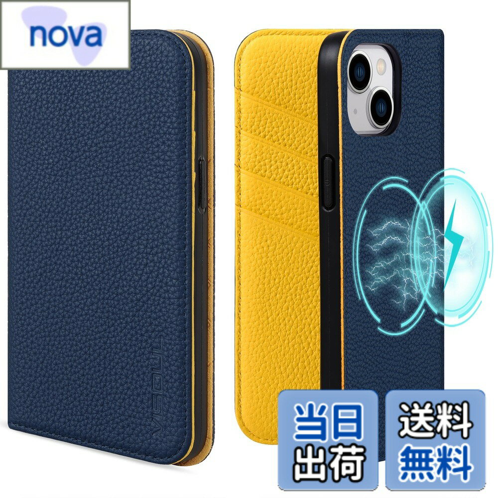 Rakuten - 【送料無料】VISOUL iPhone15 Plus 対応 ケース 手帳型 本革 MagSafe対応 アイフォン15プラスケース スマホケース レザー 財布型 カード収納 携帯ケース 全面保護 柔軟なTPU素材 マグネット式 6.7インチ対応 スタンド機能 アイホン 15Plus ネイビー レモン