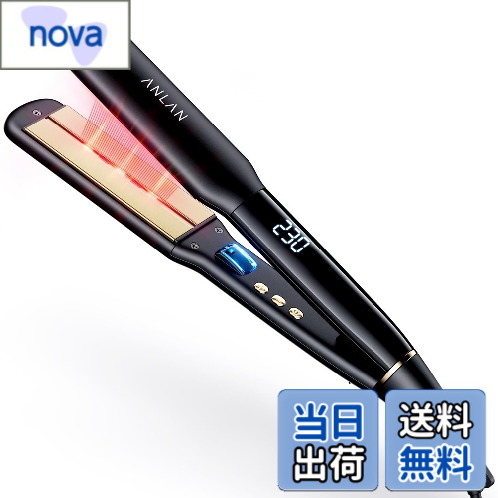 商品情報商品の説明主な仕様 プロ仕様のANLANストレートアイロン。W赤色光で髪を守りつつ、髪の未来を育てる。赤色LEDと近赤外線のW照射が髪の深部までしっかり届き、染めた髪の退色を抑え、まとまりやツヤをアップ！さらに毎日のスタイリングと同時に髪の成長を促進し、薄毛改善にも効果が期待できるサロン級ヘアアイロンです。ワイドプレートで一気にストレート。36mm幅広プレートで多くの髪を挟め、均一な熱を伝えて、毛先まで自然なツヤ感とスタイリング感をー日に長くキープ！髪にやさしいセラミックプレート採用。熱だけに頼らずクセづけし、水分の蒸発を抑えてダメージを最小限に。滑りもなめらかで、引っかからず巻きやすい幅広ストレートアイロン。熱や摩擦から髪へのダメージを最小限に抑えつつ、うるおい感のあるサラサラ髪に。マイナスイオンはスタイリング中の静電気や摩擦を抑え、広がりを防止。さらに、キューティクルをしっかりコーティングすることで、髪の光沢感が持続し、スタイルも崩れにくくなります。わずか19秒で急速加熱し、ブラッシングの間にスタンバイ完了。ロングヘアの方が忙しい朝でも時短＆しっかりストレートが叶えるヘアアイロン。100度-230度まで細かく温度調整が可能でさまざまな髪質に対応。髪のクセが強い人や前髪が厚めの人にも安心。気分によってカール・ストレートなど、スタイルを変えたい人にぴったりの2Wayヘアアイロン。理想のスタイルに仕上げやすい丸型ヘッド・根元から毛先までぴったり密着の3Dクッション構造・耐熱シリコンの先端設計・サロン仕様の360度回転バレル・見やすいLCDディスプレイ・1時間無操作自動オフ機能で、初心者でも思い通りのスタイリングが可能に。
