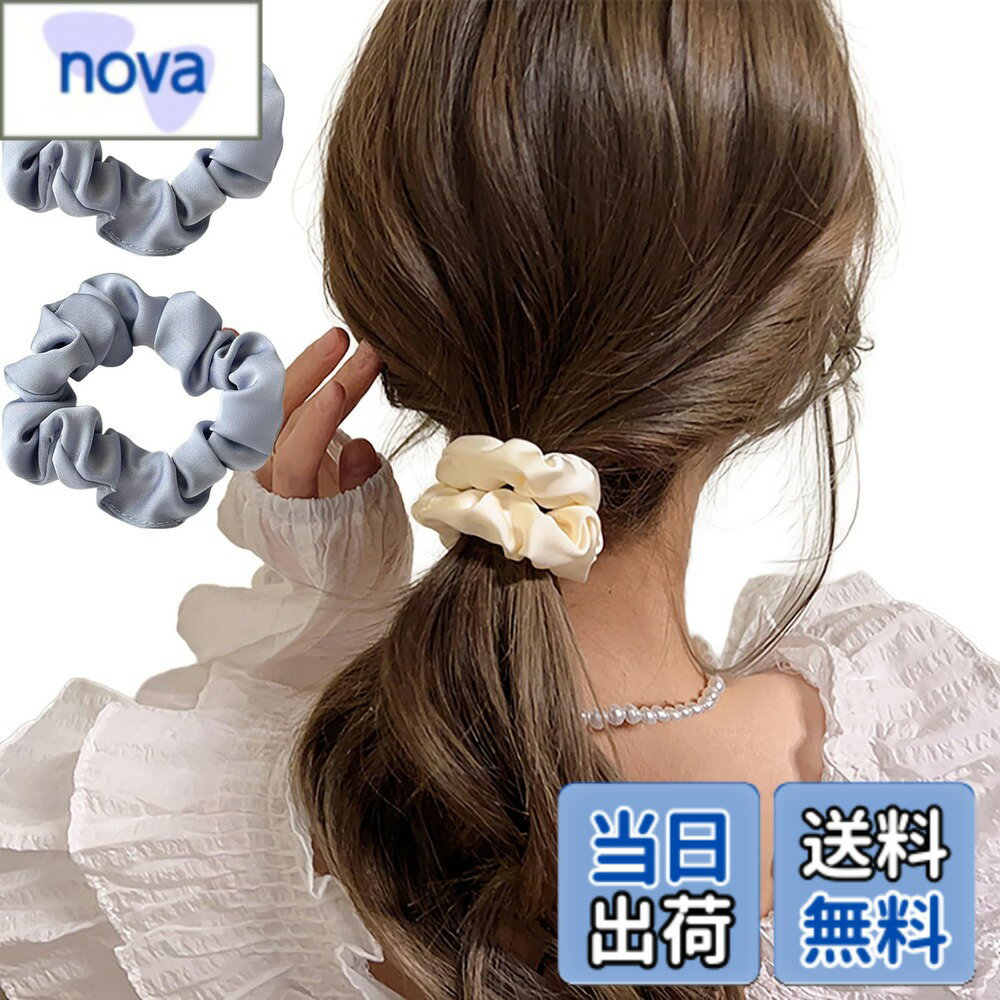 Hair Rubber Band - 【送料無料】大人可愛い サテンシュシュ 2本セット レディース ヘアゴム ニュアンスカラー 11色展開 髪飾り 無地 くすみカラー 通勤 通学 普段使い fq004 色：ブルー*2、サイズ：フリーサイズ