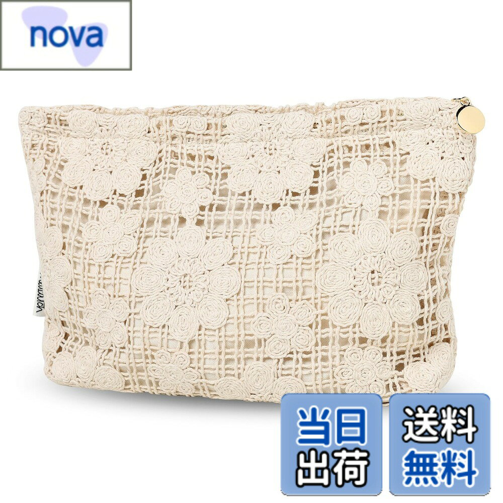 【送料無料】miucatch 化粧ポーチ エスニックスタイル 大容量収納ポーチ 花刺繍 ハンドメイド刺繍 大容量 ジッパー付きポーチ 持ち運びに便利 旅行 レディース用 洗面用具 インナーバッグ 大型化粧ポーチ コスメポーチ 色：ベージュ、サイズ：幅27cmx高さ19cmx底幅5cm nova2021-10227695 nova パッケージ画像