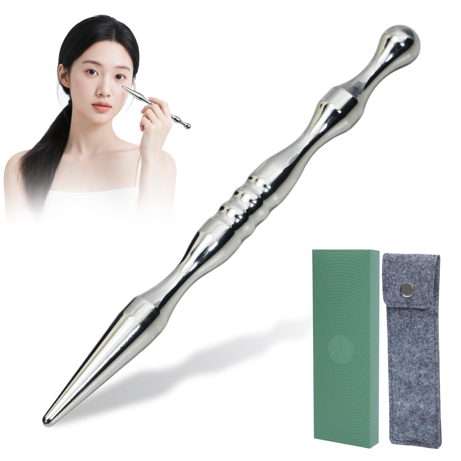 商品情報商品の説明主な仕様 【専門家監修・三点グリップで安定施術】 美容専門家と共同開発したツボ押し棒タイプのマッサージツール。人体工学に基づいた三点グリップ設計で、精油使用時も手が滑らず、力をしっかり伝達。顔・頭皮・身体の細部まで自宅で本格ケアが可能な指圧棒です。【より安心な医療用グレード316ステンレス採用】 304ステンレスより耐腐食性と耐久性に優れた医療用グレード316ステンレスを使用した指圧棒です。錆びや酸化に強く、長期間使用しても輝きを保ちます。肌に触れても安心で、毎日のケアに最適なツボ押し棒としておすすめです。【大小ヘッド＆細先端で全身に対応】 大小2つのヘッドと改良された細い先端により、顔や頭皮など細かな部位も的確に刺激できるツボ押し棒です。首・肩・腕・脚・背中など全身のツボ押しに使用可能な高機能あんま棒としても最適です。素材は肌に優しく、敏感肌の方にも安心してご利用いただけます。【日常使い＆長期保存に最適】 軽量で携帯しやすく操作も簡単なツボ押し棒は、忙しい毎日のセルフケアにぴったりです。朝の肌覚醒や夜のリラックスマッサージなどに使えるあんま棒としても最適で、心身の健康と美しさをサポートします。さらに、清潔に保ちやすく長期保存にも適した指圧棒です。【保管袋付き＆1年間の安心】 316ステンレス製ツボ押し棒x1、専用収納ポーチx1、日本語取扱説明書x1をセットに。輸送や使用中の破損・品質問題には1年間の無料交換対応。カスタマーサービスは通常24時間以内に対応いたします。 全長約13 cm，細い方の直径約3 mm，太い方の直径約1 cm。