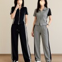 【600円OFF&2点で17%OFF】セットアップ レディース パンツスーツ スポーツウェア ジャージ 上下セット トレーニングウェア 半袖 Tシャツ ロングパンツ パンツセット カジュアル ストライプ 体型カバー ゆったり 楽ちん おしゃれ 可愛い スリム見え 春 夏