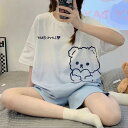 【777円クーポン配布中!】レディース パンツスーツ セットアップ 上下セット 2点セット 半袖 夏 ゆったり ルームウェア クルーネック プルオーバー ショートパンツ グラデーション カートゥーンプリント 薄手 軽量 ゆったり リラックス 可愛い ガーリー