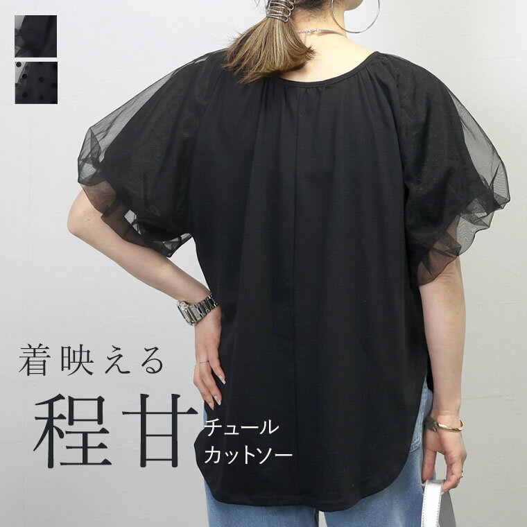 T/C天竺x袖チュールプルオーバー カットソー Tシャツ 袖チュール チュール ドット 無地 ラグラン 体型カバー 天竺 春 夏 30代 40代 レディース