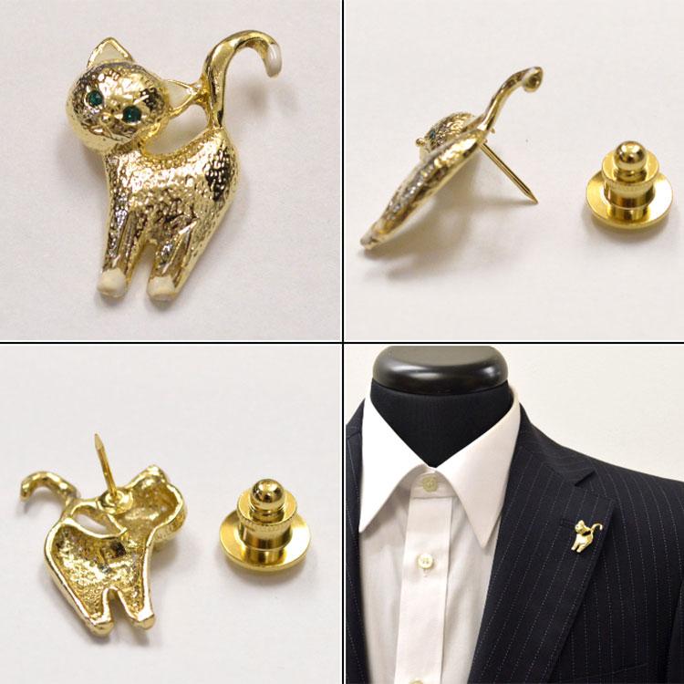 ラペルピン 猫 伸び ゴールド【la-wa053】ホワイト/ピンク ラペルピン ピンズ タイニーピン バッヂ アクセサリー メンズ レディース 猫 にゃんこ 動...