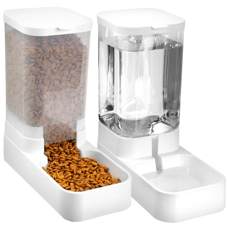 【全部洗える】Yuni Muni 自動給餌器 猫 自動給水器 セット 【衛生的 透明 大容量 猫犬用 小動物用 犬】ペット 用品 (白） (餌2.1kg 水3.7L)