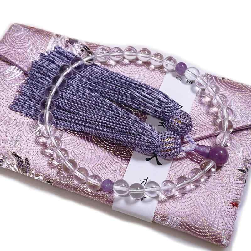 永善念珠屋 数珠 女性用 水晶 藤雲石 西陣織 金襴 数珠袋 念珠 念数珠 葬式 葬儀 お通夜 墓参り お盆 ..