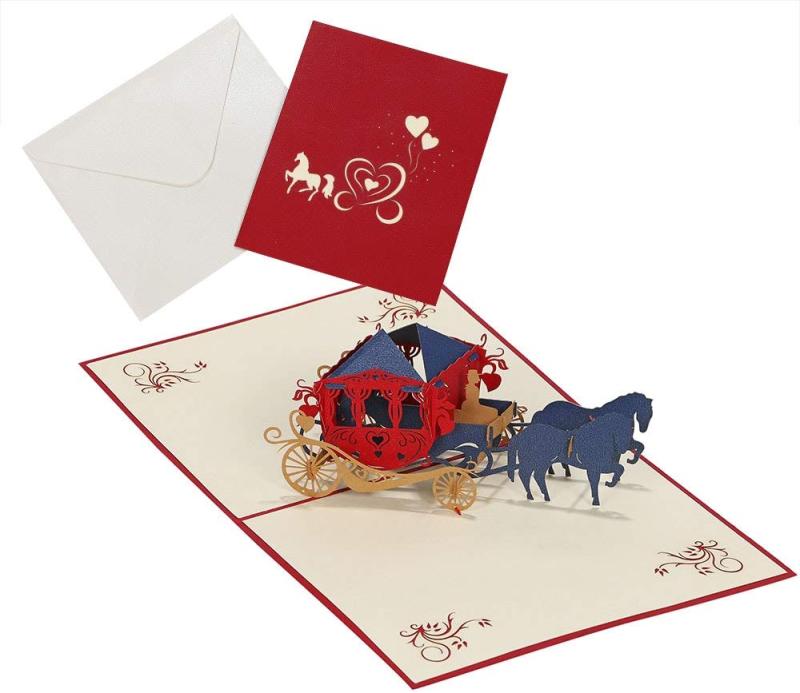 moin moin メッセージ カード バースデー 誕生日 グリーディング 飛び出す 切り絵 立体 3D ハート の 馬車 馬 赤 2セット