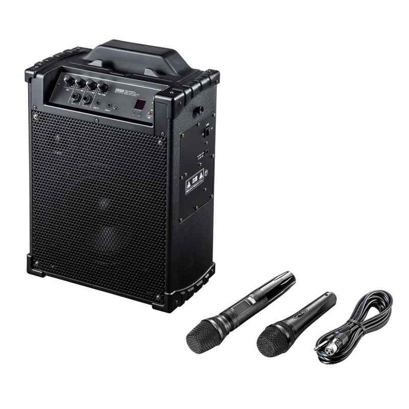 サンワサプライ(Sanwa Supply) ワイヤレスマイク スピーカー 拡声器(最大出力60W・AC電源/充電式、音楽再生) MM-SPAMP10講義や講演、結婚式の2次会やイベントなどに手軽に持ち込み、簡単にセッティングができる拡声器スピーカーとマイクのセットです。ワイヤレスマイク1本、有線マイク1本を同梱しており自由に移動しながらの同時使用が可能です。有線マイクは最大2本まで接続することが可能です。（別売り/MM-SPHM4（ダイナミックマイク（有線タイプ）））ワイヤレスマイクはB型帯域に割り当てられた10波の中から1波を選択して利用できますので周波数が重なった場合も手軽に変更が可能です。市販のダイナミックマイク（有線）も接続できる標準的なマイク入力端子（直径6.3mm標準ジャック）を搭載しています。スピーカーは最大60Wの高出力で屋内環境で約320～400平方メートル程度での使用に最適です。