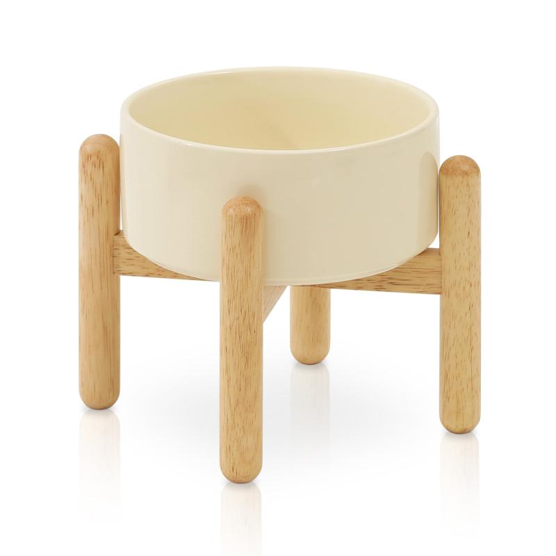 陶器製 犬・猫兼用フードボウル 400ml ゴムの木製スタンド付き 滑り止め 小型犬・子犬向け 水飲み皿・..