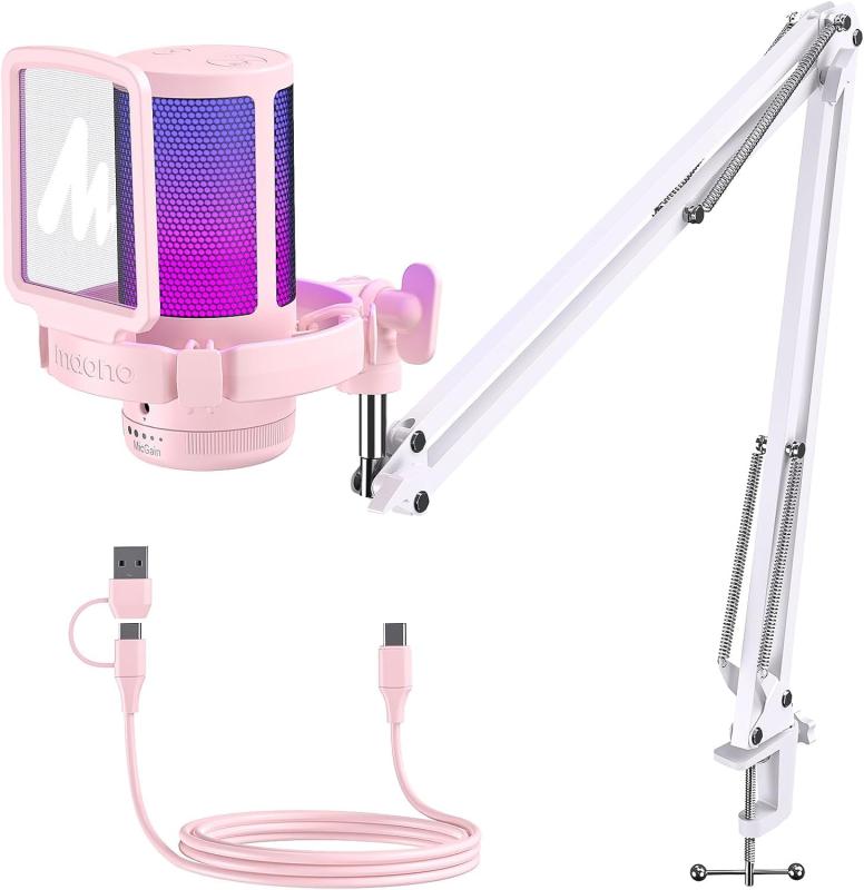 MAONO USB コンデンサーマイク ゲーミングマイク PC マイク ノイズキャンセリング ミュートボタン 単一指向 RGBライティング 音量コントロール プラグ＆プレイ ゲーム実況 ライブ配信 ポットキ【価格＆音質共に満足できるマイクセット-明瞭さを自然に実現】このUSBゲーミングマイクはENC技術より、逆環境騒音の90％を効果的に抑制し、よりクリアな音声を話している相手に届けられます。また、単一指向性マイクユニットを採用しているので、バックグラウンドノイズを軽減しながら、マイクの前面からの音にフォーカスを合わせるのも非常に優れています。DGM20Sは、ゲーム、チャット、ストリーミングなどのアプリケーションに信頼できるパフォーマンスを提供します。【音も光も自由自在-お部屋の印象に合わせて】このゲーミングマイクは、静的な単色モード動的なマルチカラーモードと動的呼吸モードなど、見事なRGBライトが特徴で、コンピューターゲームのセットアップに合わせて幻想的な異空間を演出、クールなビジュアルの楽しさをもたらす。ゲーマーたちが魅せる超絶プレイや白熱の試合を思う存分楽しもうRGBボタンを3秒長押しするとRGBライトがオフになります。【ワンクリックミュート-いざという時に対応できるのも安心】PCマイク上部のミュートボタンをワンクリックするとミュートモードになり、いざという時に対応できるのも安心、LEDインジケーター搭載ので、ゲームオーディオをより細かく制御できます（緑色のライト：仕事中、赤色のライト：ミュート中、青色のライト（3秒長押す）：ノイズリダクションオン）。プラグ＆プレイで、ゲームとライブストリーミングをすぐに開始するために必要なものがすべて揃っています。【マイクゲインの制御と3.5mmジャック】微調整がとてもやりやすくマイクゲイン制御機能により、歪み、雑音、ビープ音などのない、高品質なクリーンサウンドでのゲームストリーミングを存分に楽しむことができます。ヘッドセットをマイクの3.5mmヘッドフォンポートに接続すれば、オーディオをリアルタイムでモニタリングして、その結果に応じて調節することができます。【コンパクトなデザイン-ゲームのセットアップに最適なアイテム】ツインアーム構造＆強化クランプにより安定した設置環境を実現します。ショックマウントは振動ノイズを効果的に低減することができ、取り外し可能なポップフィルターは吹かれ音や破裂音といったポップノイズを防ぎ可能です。アームスタンドのカラーもマイクカラーに合わせてデザインされます。【パッケージ内容】マイク本体*1、 USB ケーブル*1、ショックマウンド*1、ポップフィルター*1、マイクアーム*1、四語取扱説明書*1。