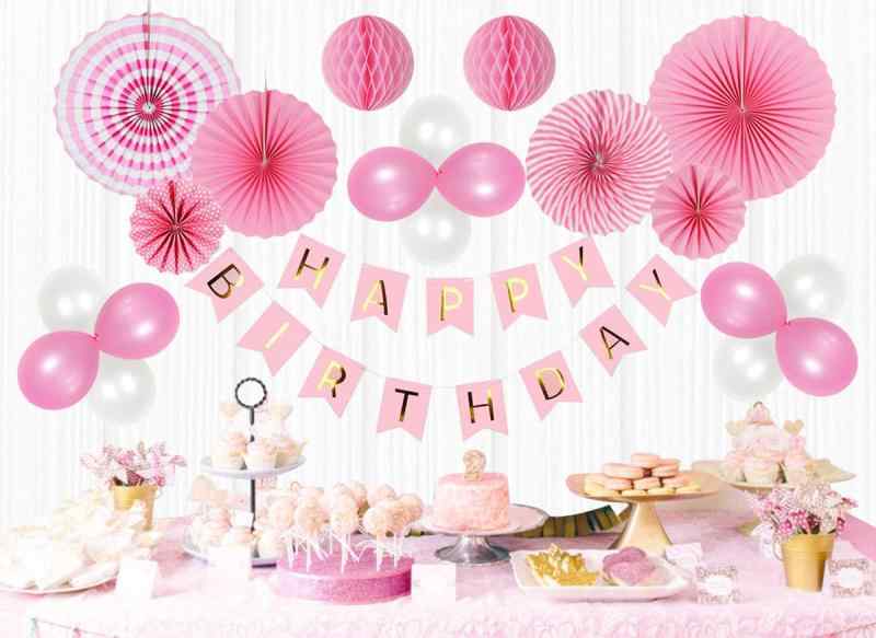 Mainiusi 誕生日 飾り付け バルーン セット 女の子 たんじょうび 風船 1歳 ハーフバースデー お祝い かざりつけ HAPPY BIRTHDAY ガーランド 特大 ペーパーファン デコレーション キット29個 (ピンク)