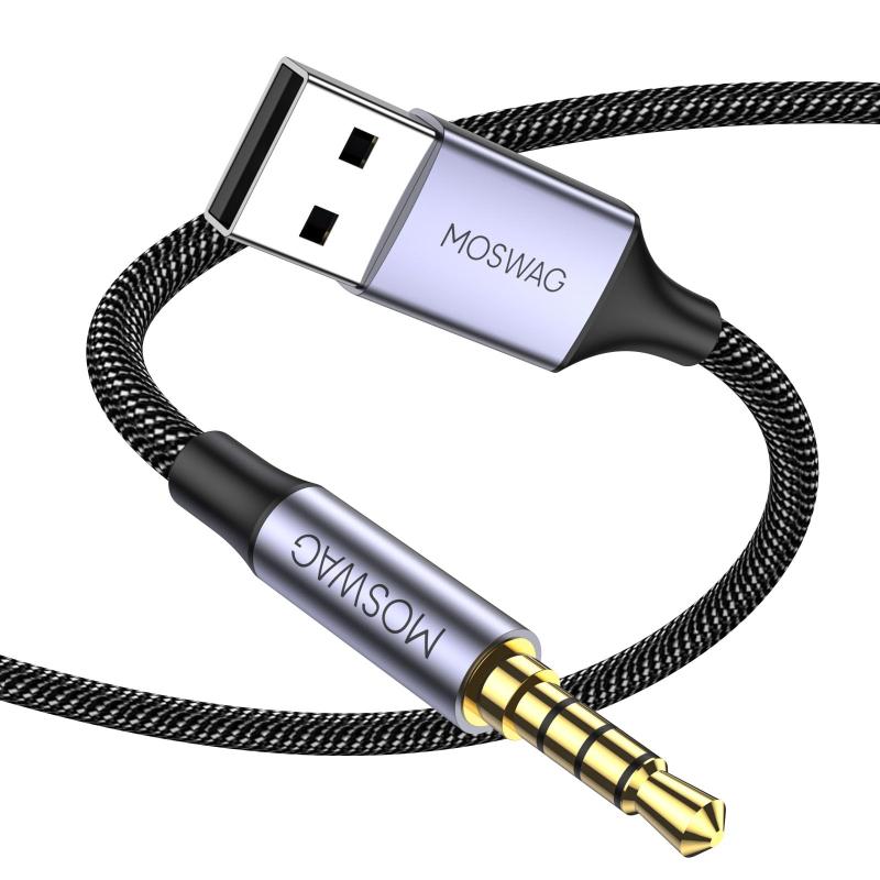 MOSWAG USB オーディオジャックアダプタ、USBオスから3.5 mmオスまでAUXステレオオーディオ変換器、ートルナイロン編みUSB AUXケーブルとPC、ノートパソコン、Windows、Mac OSX、Linux、家庭用ステレオ