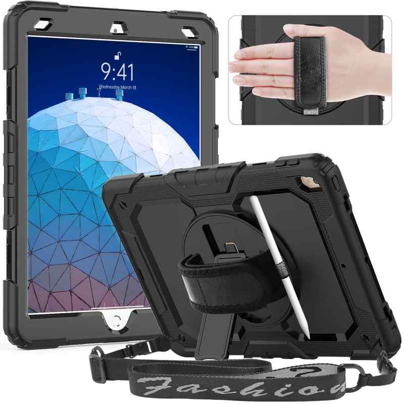 Timecity iPad Pro 10.5 ケース 2017/ 耐衝撃 iPad Air3 ケース 2019 保護フィルム内藏 ペン収納 360°スタンド ショルダーストラップ&ハンドストラップ付き 頑丈 多機能 持ち運び楽 現場 10.5イン