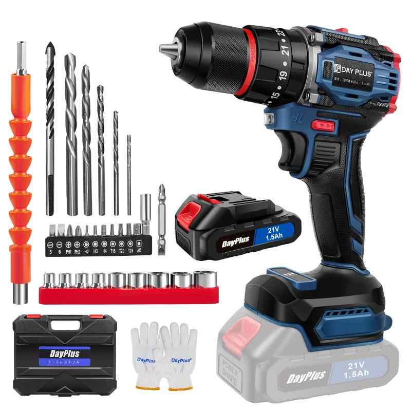 DayPlus 電動ドライバー 電動ドリル 21V 最大45N・m 25+1段階トルク調節 充電式ドライバー 軽量 スピード調節機能 正逆転切替 LEDライト付き 初心者でも使いやすい DIY家具組み立電動工具