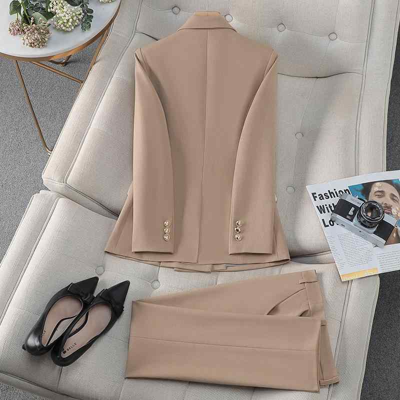 套裝 - レディース スーツ セット 秋冬 ビジネス フォーマル 職業服 ジャケット 長袖 トップス パンツ 九分丈 ストレッチ ポリエステル 混紡 素材 ベーシック シルエット 仕事 コーディネート 通勤 スタイル ベージュ グレー ネイビー カラー 選択 可能