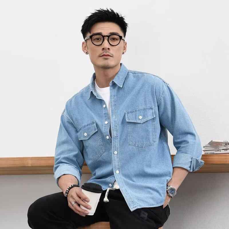 맨즈 데님 셔츠 긴 소매 탑스 牛仔布 면 소재 내마 방오 흡습 배한 기세 가능 면렬 전환 포켓 플랩 포켓 느긋한 실루엣