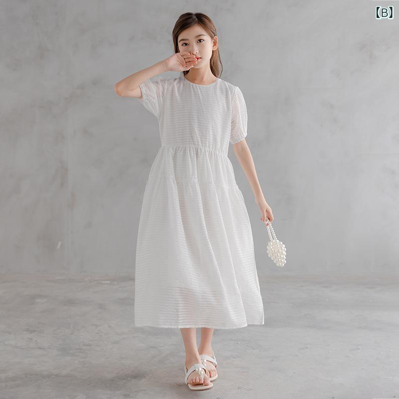 女の子の ワンピース 2021 夏の 韓国 版 子供 服 森 系 ハイ ウエスト 半袖 女の子...