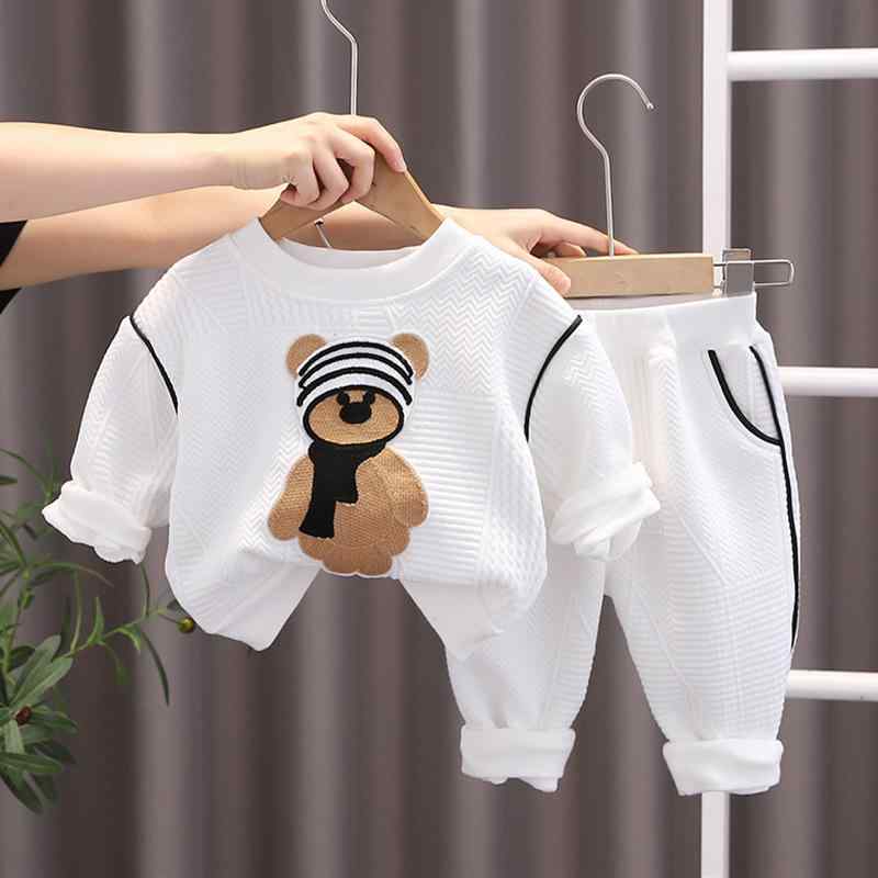 Occidental Goods - キッズ 男女兼用 春冬 長袖 空気棉 汗吸い速乾 柔軟 トップス ロングパンツ セット かわいい 熊柄 カートゥーン プリント コットン風 ニット 素材 軽量 伸縮性 室内遊び 外出用 日常着 ベビー 幼児 80-120cm 対応 無地 アクセント デザ