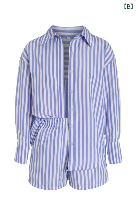 novolstoreのレディース 春夏 トップス 長袖 シャツ セット ショートパンツ セットアップ ストリートスタイル ストリートファッション ポリエステル 素材 軽量 吸湿速乾 条紋 柄 格子 柄 純色 ブラック ブルー オリーブグリーン ピンク グリーン ヌードピンク｜アングル2