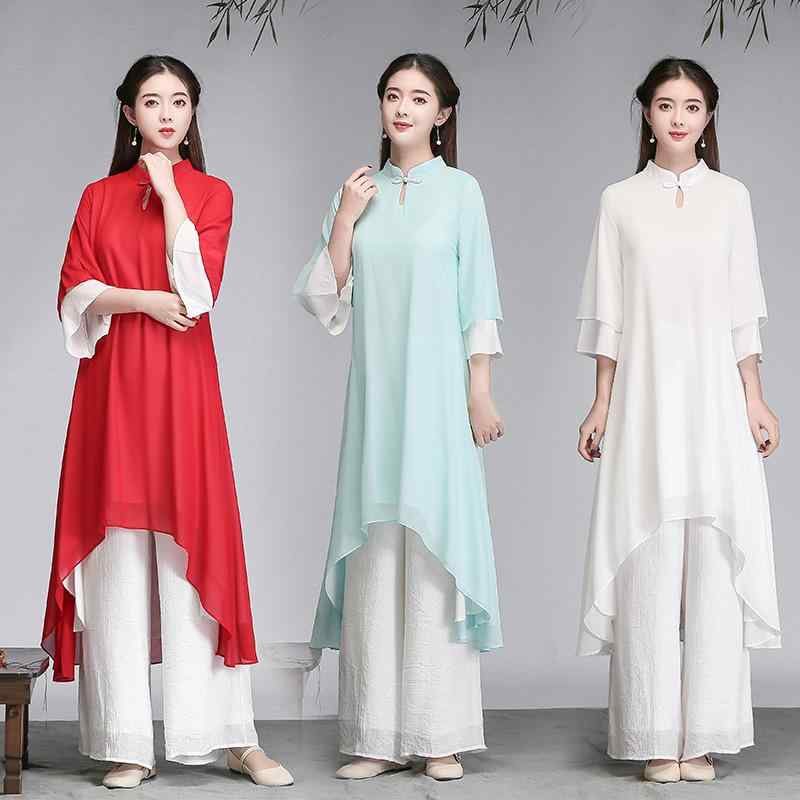 中国風 レディース セットアップ 雪紡 ワンピース トップス ロングパンツ 七分袖 綿ポリ混紡 再生繊維 接触冷感 吸湿速乾 純色 切り替え デザイン 復古 スタイル 気質 優雅 夏 春夏 シーズン ライトウェイト 通勤 普段使い 部屋着 カジュアル ウ