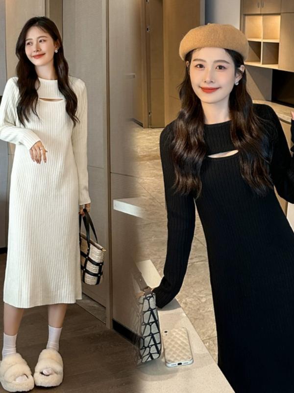 ・スタイル: 清新甜美・主な素材: ポリエステル95%以上・柄: 単色・加工: ステッチ・カテゴリ: ワンピース・スカート丈: ミドル丈・スカート型: Aライン・ネックライン: クルーネック・袖型: スタンダード・袖丈: 長袖・ウエスト: ハイウエスト・装飾: 透け感・カラー展開: ブラック、杏色・サイズ展開: S、M、L、XL、XXL、XXXL