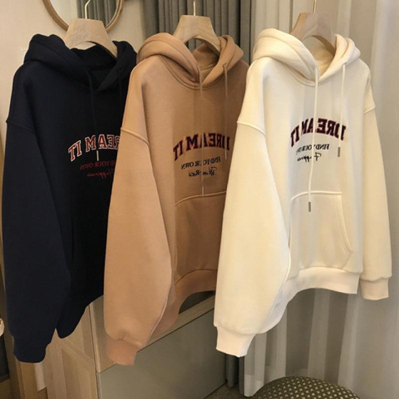 Collaboration - 秋冬 女性用 連帽 スウェット トップス ワイド ゆるい デザイン 長袖 厚手 加絨 接触冷感 ポリエステル 3D 立体 プリント 気質 通勤 普段使い ミントホワイト ブラウン ネイビー カジュアル スタイル