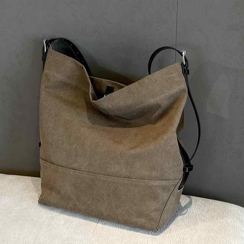 女士包 - トートバッグ 男女兼用 キャンバス 大容量 縦型 スクエア ショルダー 斜め掛け シングルストラップ ソフト 中間硬度 携帯ポケット ドロップクロージャー サイドポケット 日常使い 通勤 ストリートファッション トレンド ステッチ 火山ブラック キャラメ