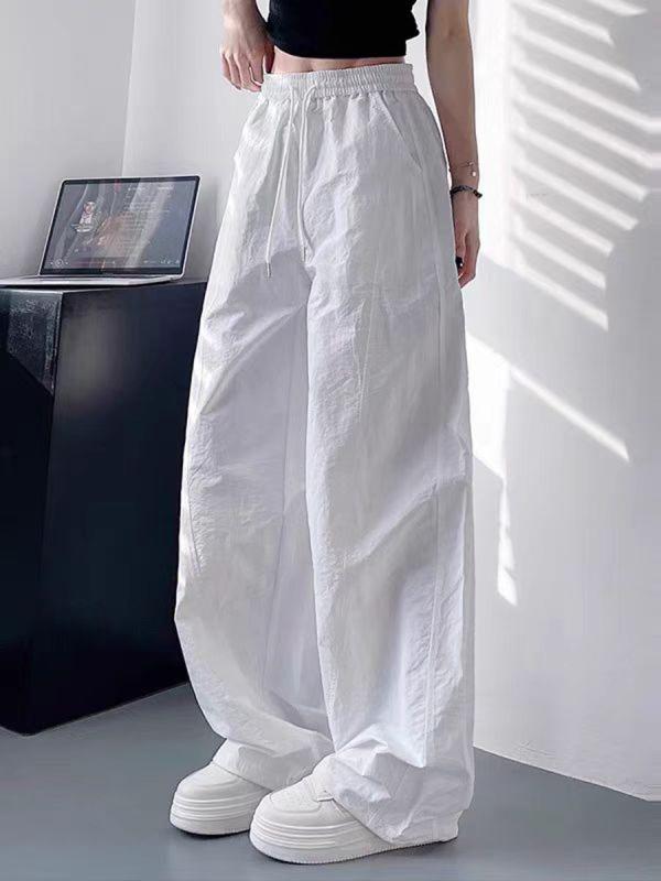 Capri Pants - レディース 夏用 ワイドパンツ 工装パンツ 高腰 白色 軽量 速乾 微弾性 遮肉 显瘦 褶皱 切り替え 接触冷感 ポリエステル 素材 日韓 カジュアル スタイル 普段使い 伸縮性 吸湿速乾 ビッグシルエット ロング丈