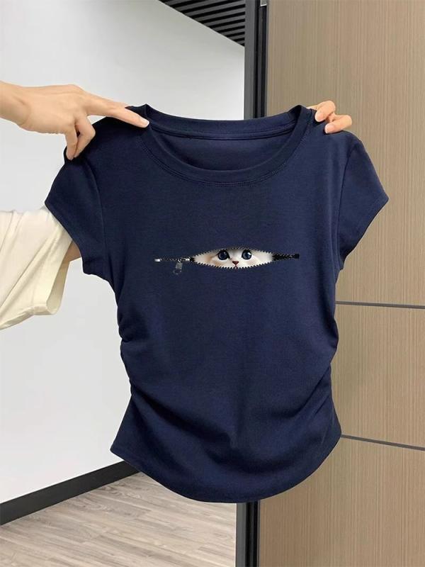 乐天商城 - Tシャツ 女性用 短袖 夏 動物柄 猫プリント インナー トップス 修身 短丈 丸首 プルオーバー 立体柄 かわいい 学院風 快適 軽量 涼しい 涼感 綿混 ポリエステル 白 黒 黄色 青