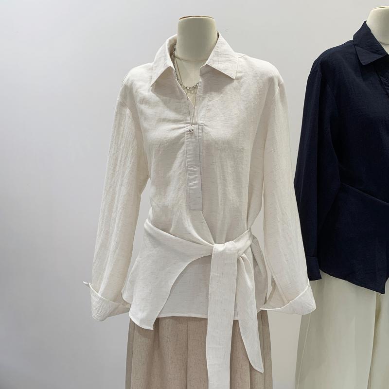 Rakuten - 女性用 シャツ トップス レイヨン 接触冷感 純色 デザイン 長袖 POLO領 紐ボタン 切り替え ゆったりシルエット 中長丈 気質 通勤 スタイル 普段使い 吸湿速乾 軽量 夏 春夏 ホワイト ネイビー