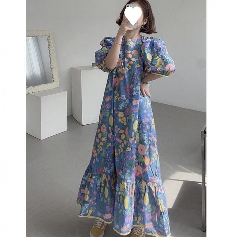 レディース ワンピース 春夏 長袖 ロングドレス Aライン 高腰 ハイネック フレアスリーブ フラワープリント 切り替え デザイン ポリエステル 素材 街頭風 気質 優雅 スタイル かわいい 花柄 ブルー ホワイト 軽量 普段使い 通勤 カジュアル ファ