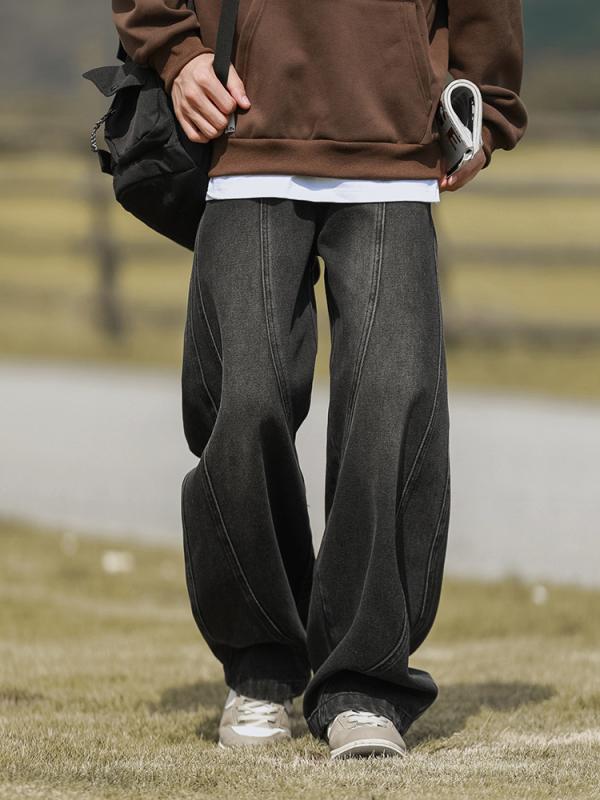メンズ ジーンズ 春 ワイドパンツ デニム 長ズボン 綿 素材 中腰 ボタン フラップ ミディアム 厚 微弾性 直筒 裾 黒 色 ブルー 色 ゆったり シルエット ヴィンテージ 風 グラデーション 水洗い 加工 復古 スタイル ストリート ファッション