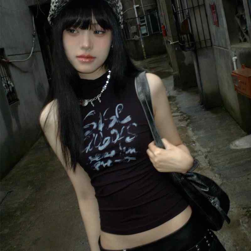 トップス 女性用 ブラック 修身 短丈 背心 Y2K 文化 印花 アルファベット 雪ニール...